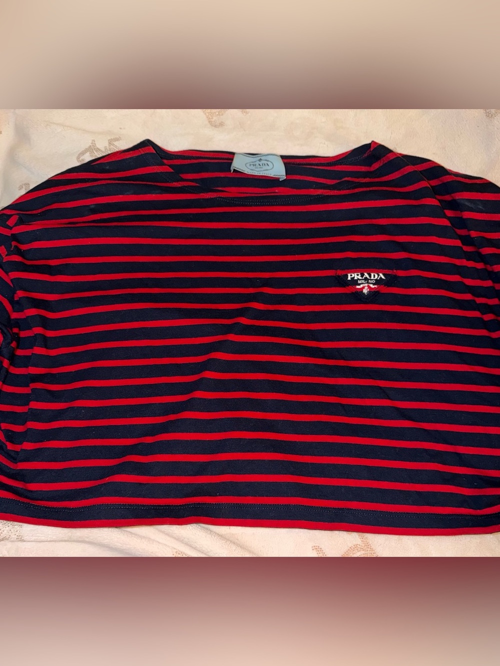 Prada Red & Navy Striped Short Sleeve Crewneck Tee